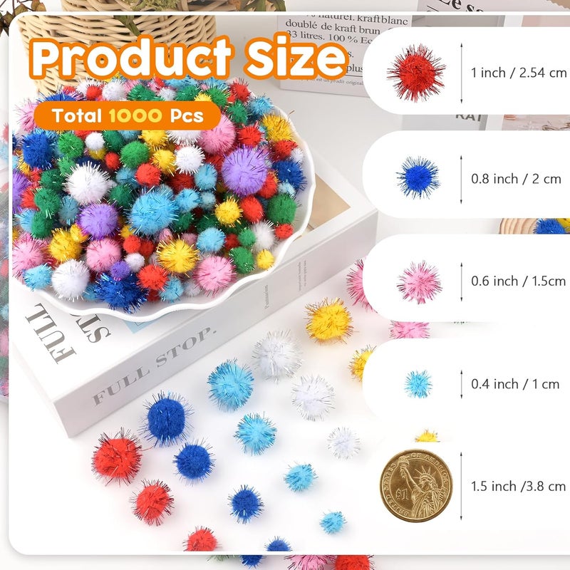NACHLYNN 1000 Glitter Pom Poms Bulk 4 Sizes Assorted Soft Fluffy Pom Poms for Crafts DlY Decorations Activities with A Storage Bag (Multicolor) - Image 2